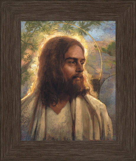 Resurrected Jesus with halo standing in front of the open tomb.