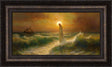 Jesus walking on water with a boat in the background.