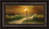 Jesus walking on water with a boat in the background.