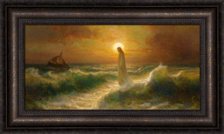 Jesus walking on water with a boat in the background.