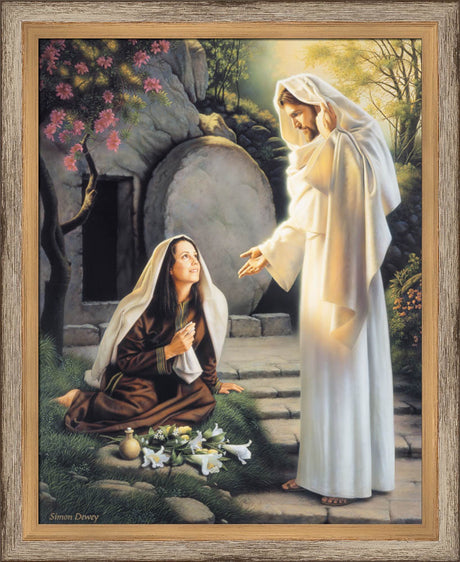 Resurrected Christ speaking with Mary at the tomb and comforting her.