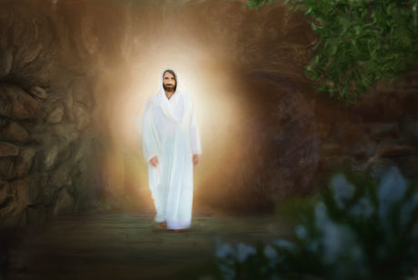 A resurrected Jesus Christ emerging from the tomb.