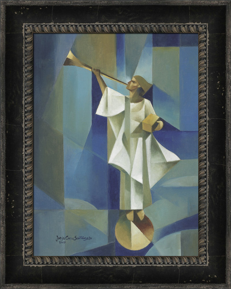 Angel Moroni stands on a circular structure holding trumpet and gold plates. Art 22