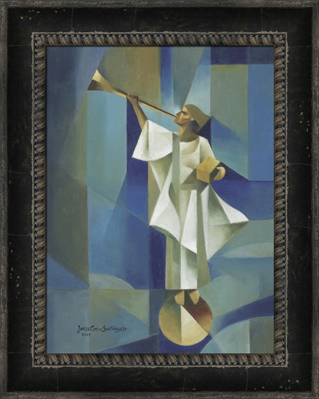 Angel Moroni stands on a circular structure holding trumpet and gold plates. Art 22