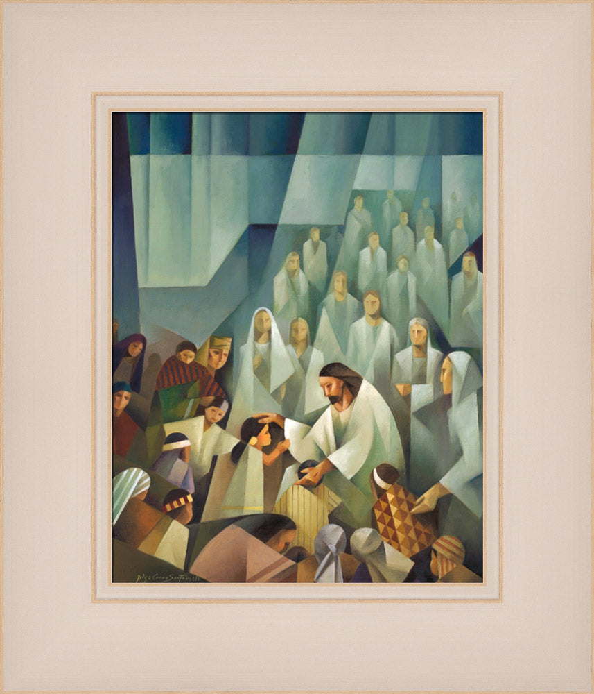 Jesus blessing children in America as angels watch. Art 14