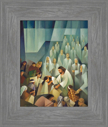 Jesus blessing children in America as angels watch. Art 13