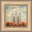 Salt Lake Utah Temple with red tulips in front.