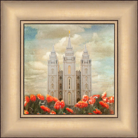 Salt Lake Utah Temple with red tulips in front.