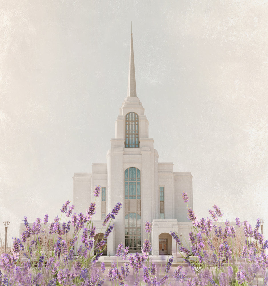 The Syracuse Utah Temple with purple flowers.