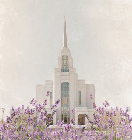 The Syracuse Utah Temple with purple flowers.