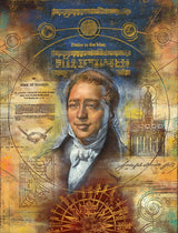 Portrait of Joseph Smith surrounded by symbols of his life. 