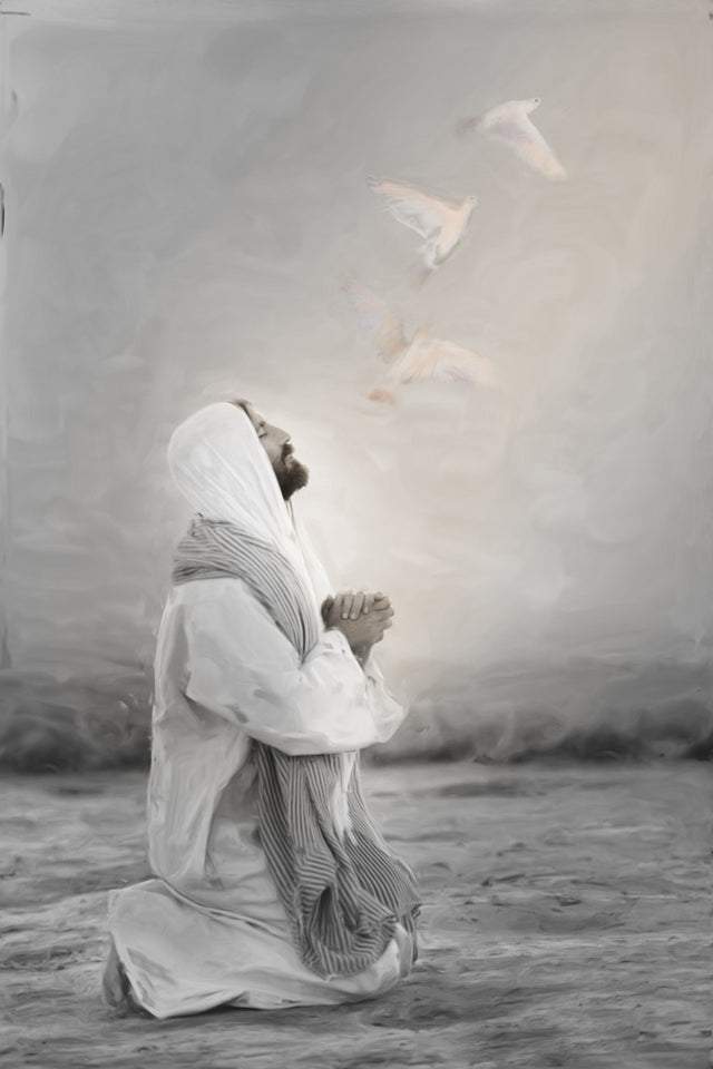Black and white image of Jesus kneeling in prayer. He looks up toward Heaven where three doves are flying.