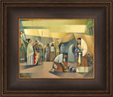 Young men shown dressing as soldiers aided by their mothers. Art 9