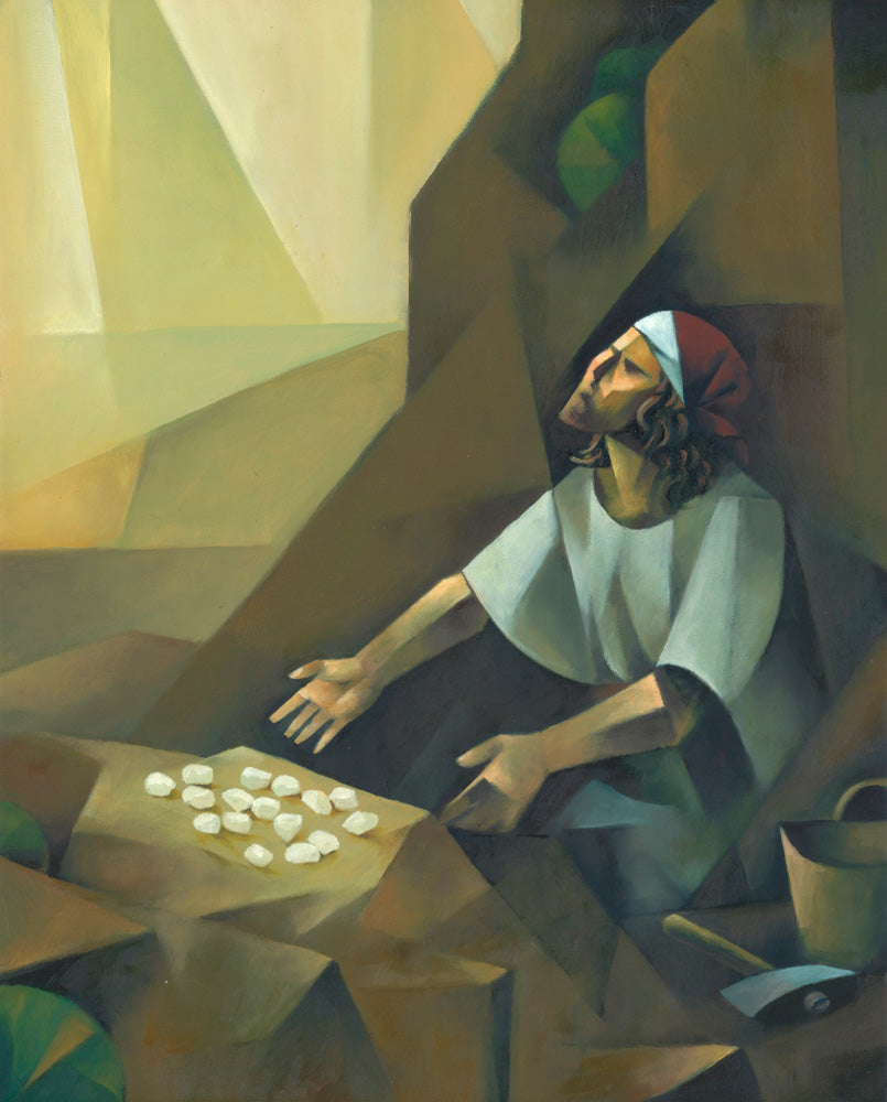 Brother of Jared points to sixteen white stones looking to Heaven to light them.