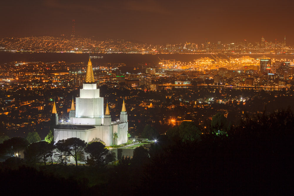 Oakland Temple - Night with Bay